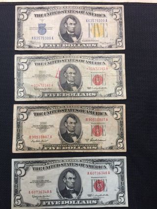 4 $5 1934 A Five Dollar Blue/red Seal Usa Silver Certificate Note Old Currency