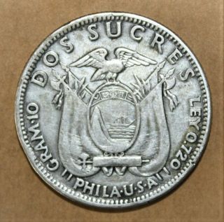 Ecuador 2 Sucres 1928 Very Fine Silver Coin