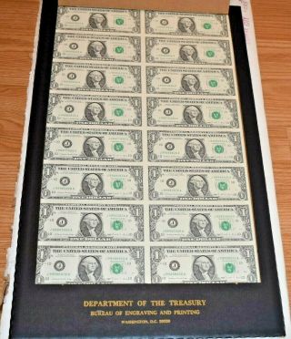 1988 Uncut Sheet Of 16 $1 Dollar Kansas City Federal Reserve Notes Ch,  /gem Notes