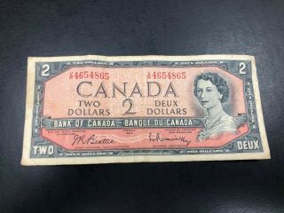 1954 Canada 2 Dollar Bank Note - Beattie/raminsky Circulated Banknote Curreny 865
