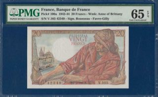 France 20 Francs 1943 P100a Pmg 65 Epq Gem Unc Billet De Banque Pêcheur Breton