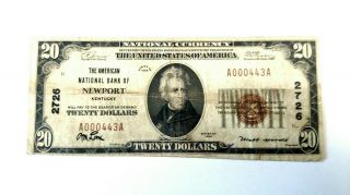 1929 $20 Type1 The American National Bank Of Newport Kentucky Ky Ch 2726