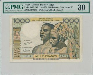 Banque Centrale West African States/togo 1000 Francs Nd (1959 - 65) Pmg 30