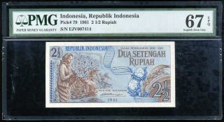 Indonesia 2 1/2 2.  5 Rupiah 1961 P 79 Gem Unc Pmg 67 Epq
