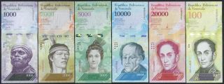 Venezuela Set 6 Notes: 1000 - 100000 Bolivares 2016 - 17 P 95b 96 (1) 97 98 99 100 Unc