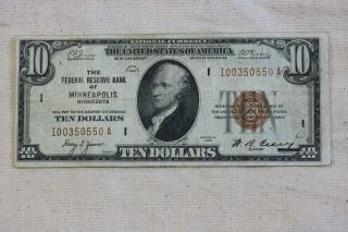 National Note $10 Federal Reserve Bank National Bank Of Minneapolis,  Mn