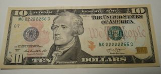Unc 2013 $10 Dollar Bill,  Binary,  22222266 Near Solid Serial Number