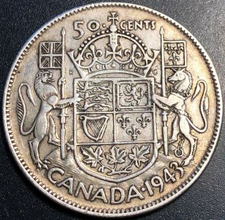 1943 Canada 50 Cent Half Dollar Coin Wide Date Variety 80 Silver