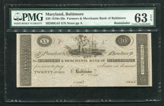 1810’s - 20’s $20 Farmers & Merchants Bank Baltimore,  Md Obsolete Pmg Unc - 63epq.