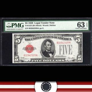 1928 Plain $5 Legal Tender Note Red Seal Pmg 63 Epq Fr 1525 B32942329a