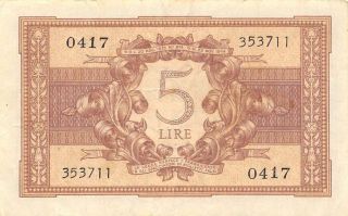Italy 5 Lire 23.  11.  1944 Series 0417 Circulated Banknote Wkw