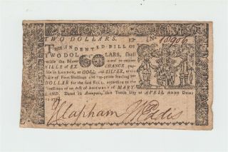 1774 Colonial Currency Maryland $2 Two Dollar Note Usa Annapolis