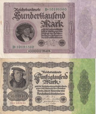 Germany,  100000 Mark 1923 And 50000 Mark 1922 Reichsbanknote (b494)