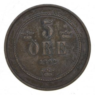 World Coin - 1892 Sweden 5 Ore - 8.  1 Grams 050