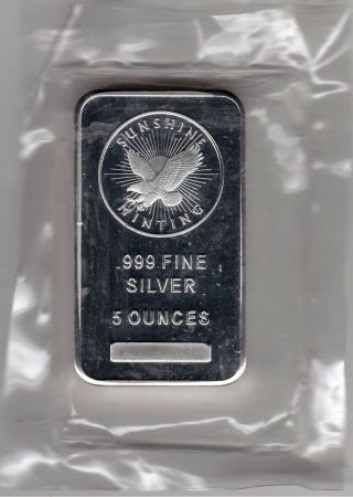 5 Oz Sunshine Minting Silver Bar.  999 Fine