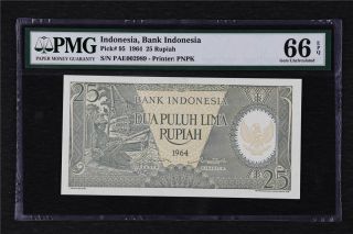 1964 Indonesia Bank Indonesia 25 Rupiah Pick 95 Pmg 66 Epq Gem Unc