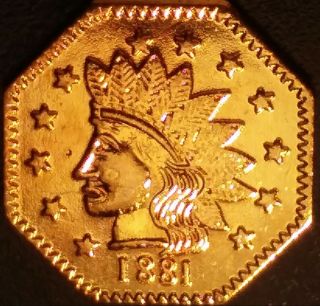 1881 California Gold 1/2.  Indian/wreath.  Gem Bu Gilt Brass Token/charm/coin/bar.