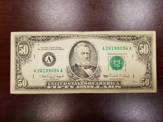 1990 Boston $50 Dollar Bill Note Frn A26199054a Crisp