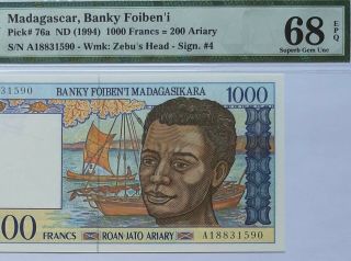 Madagascar - 1000 Francs - 1994 - Pick 76a Pmg 68 Epq Gem Unc Scarce Grade