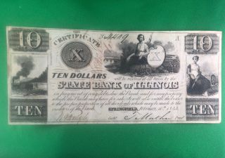 State Bank Of Illinois Ten Dollars $10 Obsolete Bank Note