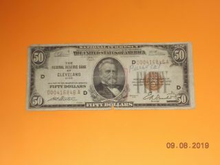 1929 $50 Dollar Bill Federal Reserve Bank Of Cleveland Low Serial Number