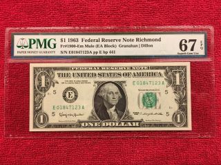 Fr 1900 - Em Mule 1963 1 Dollar Federal Reserve Note (richmond) Pmg 67epq Top Pop