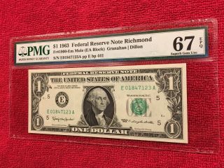 Fr 1900 - Em Mule 1963 1 Dollar Federal Reserve Note (Richmond) PMG 67EPQ Top Pop 2