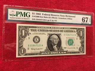 Fr 1900 - Em Mule 1963 1 Dollar Federal Reserve Note (Richmond) PMG 67EPQ Top Pop 3