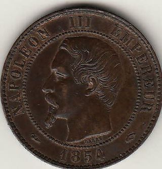 1854 France Napoleon Iii Dix Centimes Xf Bronze Coin C033