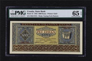 1943 Croatia State Bank 5000 Kuna Pick 13 Pmg 65 Epq Gem Unc