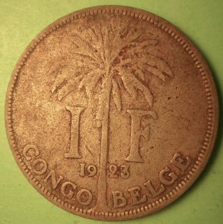 Belgian Congo,  1923/2 1 Franc,  Km 20,  Congo Belge,  Overdate.