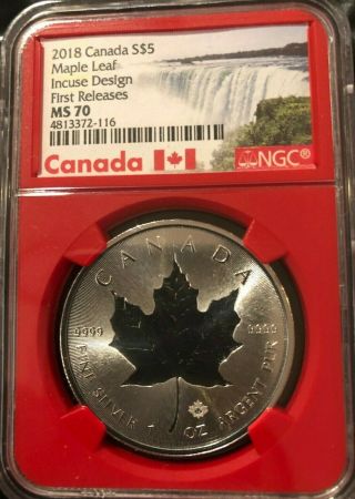 2018 Canada 1 Oz Silver Incuse Maple Leaf Ms70 First Releases - Red Core