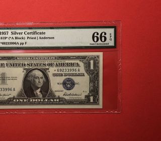 1957 - $1 Silver Certificate Star Note,  Graded By Pmg Gem Unc 66 Epq.