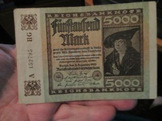 Good Collector 1922 5000 Mark Reichsbanknote A 253795 Hg
