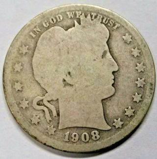 1908 S Barber Quarter 90 Silver Us Coin