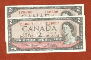 2 1954 Consecutive Serial Number Two Dollar Bank Notes Crisp Notes E488