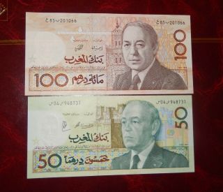 Morocco Marokko 2 Bank Notes 50& 100 Dirhams 1987 Unc High Cv