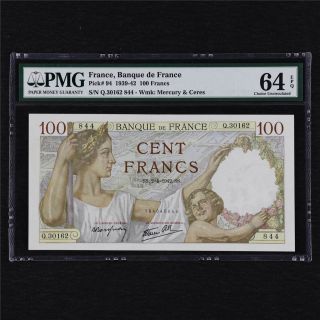 1939 - 42 France Banque De France 100 Francs Pick 94 Pmg 64 Epq Choice Unc