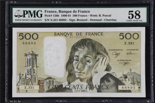 1990 - 91 France Banque De France 500 Francs Pick 156h Pmg 58 Choice About Unc