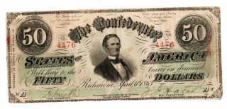Csa Confederate Currency Note 1863 Color $50 Jefferson Davis