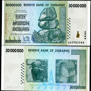 Zimbabwe 50 Million Dollar 2008 P 79 Unc In Series 100 Trillion