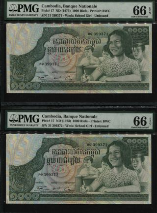 Tt Pk 17 Nd (1973) Cambodia 1000 Riels Pmg 66 Epq Seq Gem Unc Set Of Two Notes