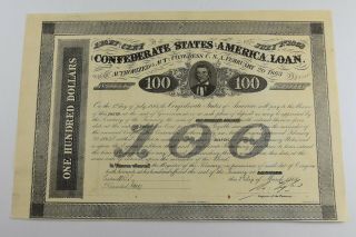 Authentic - 1863 Confederate States - Civil War $100 Bond Certificate 621