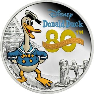 Niue 2014 2$ Donald Duck 80th Aniversary Colorized 1 Oz 999 Silver Coin