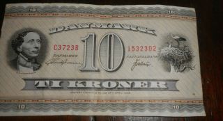 Denmark 1936 10 Kroner Bank Note Please See Photos For Grading
