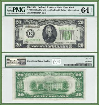 1934 Dark Green $20 York Federal Reserve Note Pmg 64 Epq Choice Unc Cu