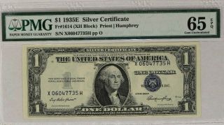 1935 E $1 Silver Certificate Pmg Cert 65 Epq Fr.  1614 Misalignment Error Gem Unc