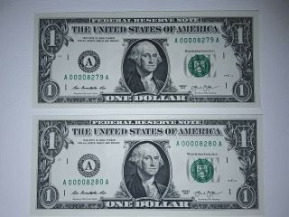 2 Sequential 2013 $1 Low 4 Digit Serial Number Note - Crisp Uncirculated
