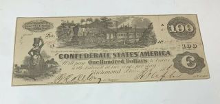 1862 $100 Confederate States Of America - One Interest Payment Stamped On Reverse