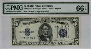 1934 C $5 Silver Certificate Pmg Certified 66 Epq Gem Unc Fr.  1653w Pa Block Wide